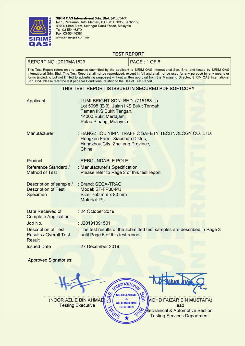 SIRIM Certification of passed the test on Reboundable Pole_Flexible Pole